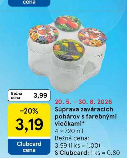 Súprava zaváracích pohárov s farebnými viečkami 4 × 720 ml