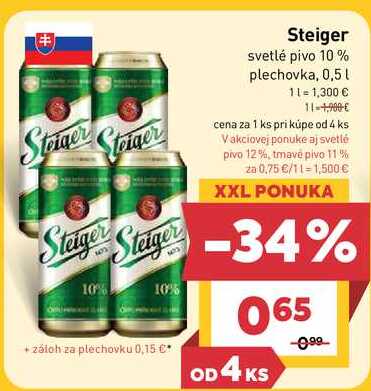Steiger svetlé pivo 10% plechovka, 0,5l v akcii