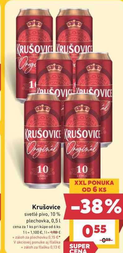 Krušovice svetlé pivo, 10% plechovka, 0,5l v akcii