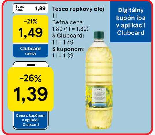 Tesco repkový olej 1l v akcii