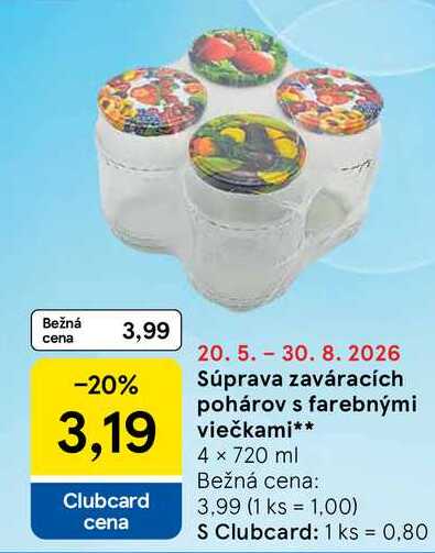 Súprava zaváracích pohárov s farebnými viečkami 4 x 720 ml