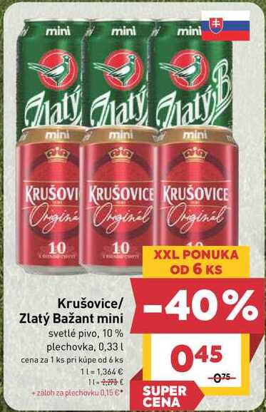 Zlatý Bažant mini svetlé pivo, 10% plechovka, 0,33l v akcii