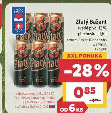Zlatý Bažant svetlé pivo, 12% plechovka, 0,5 L  v akcii