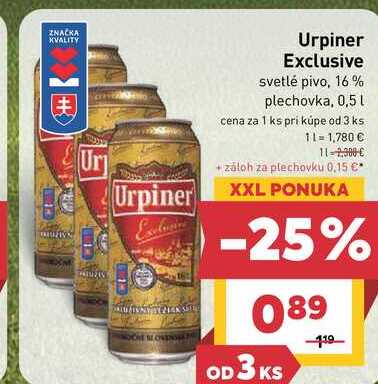 Urpiner Exclusive svetlé pivo, 16% plechovka, 0,5l v akcii
