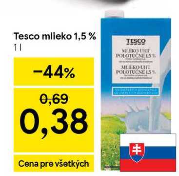 Tesco mlieko 1,5% 1l