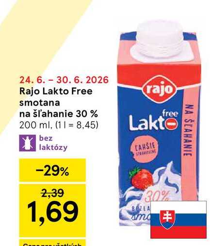 Rajo Lakto Free smotana na šľahanie 30 % 200 ml