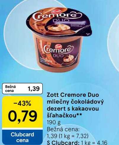 Zott Cremore Duo mliečny čokoládový dezert s kakaovou šľahačkou 190 g