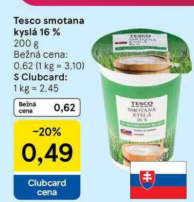 Tesco smotana kyslá 16 % 200 g  v akcii