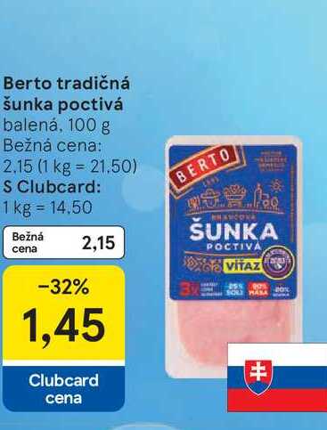 Berto tradičná šunka poctivá balená, 100 g 
