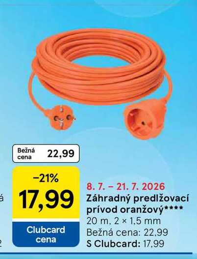 Záhradný predlžovací prívod oranžový 20 m, 2 x 1,5 mm