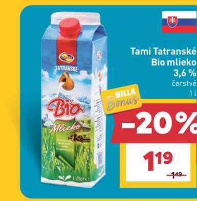 Tami Tatranské Bio mlieko 3,6% čerstvé 1l