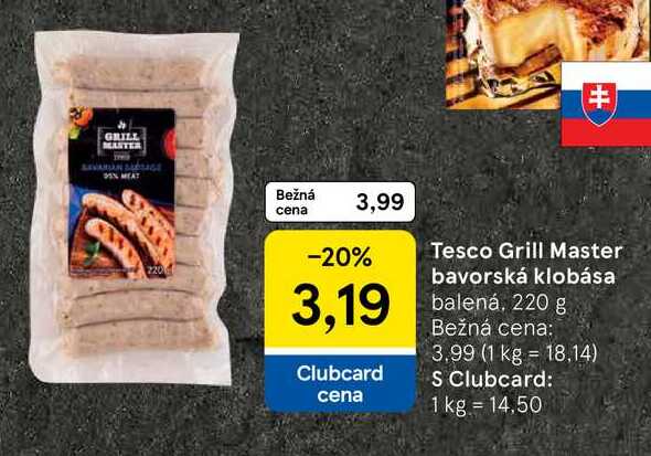 Tesco Grill Master bavorská klobása balená, 220 g