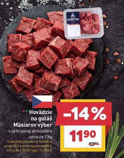 Hovädzie na guláš Mäsiarov výber v ochrannej atmosfére cena za 1 kg