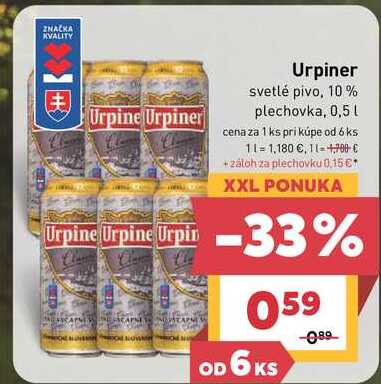 Urpiner svetlé pivo, 10% plechovka, 0,5 l