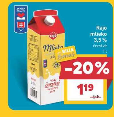 Rajo mlieko 3,5% čerstvé 1l v akcii