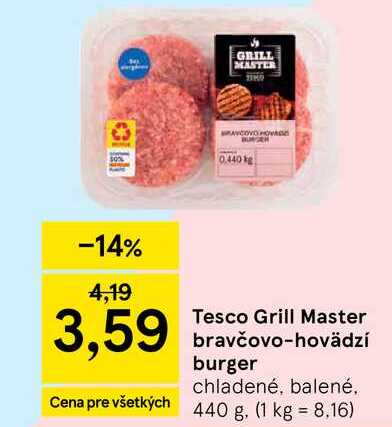 Tesco Grill Master bravčovo-hovädzí burger chladené, balené 440 g