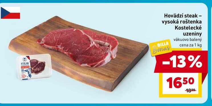 Hovädzí steak - vysoká roštenka Kostelecké uzeniny vákuovo balený cena za 1 kg