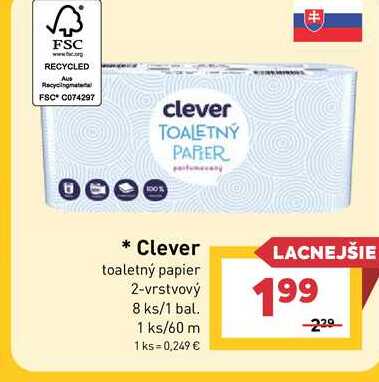 Clever toaletný papier 2-vrstvový 8 ks/1 bal. 1 ks/60 m