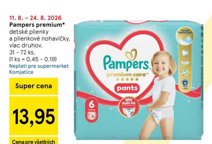 Pampers premium detské plienky a plienkové nohavičky, viac druhov, 31-72 ks