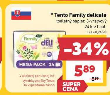 Tento Family delicate toaletný papier, 3-vrstvový 24 ks