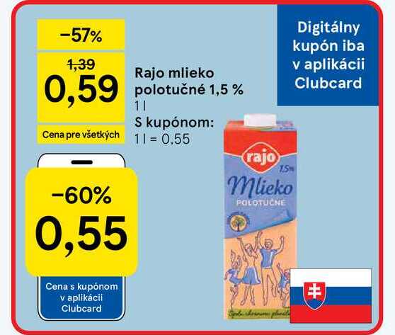 Rajo mlieko polotučné 1,5% 1l