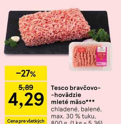 Tesco bravčovo- -hovädzie mleté mäso chladené, balené, max. 30% tuku,  800g