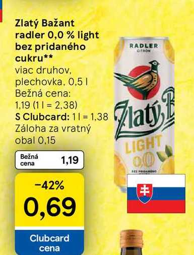 Zlatý Bažant radler 0,0% light bez pridaného cukru viac druhov, plechovka, 0,5 l