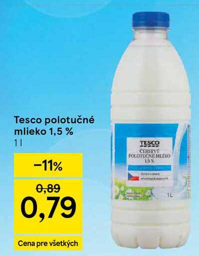 Tesco polotučné mlieko 1,5 % 1l