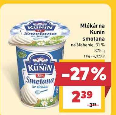 Kunín smotana na šľahanie, 31% 375 g 
