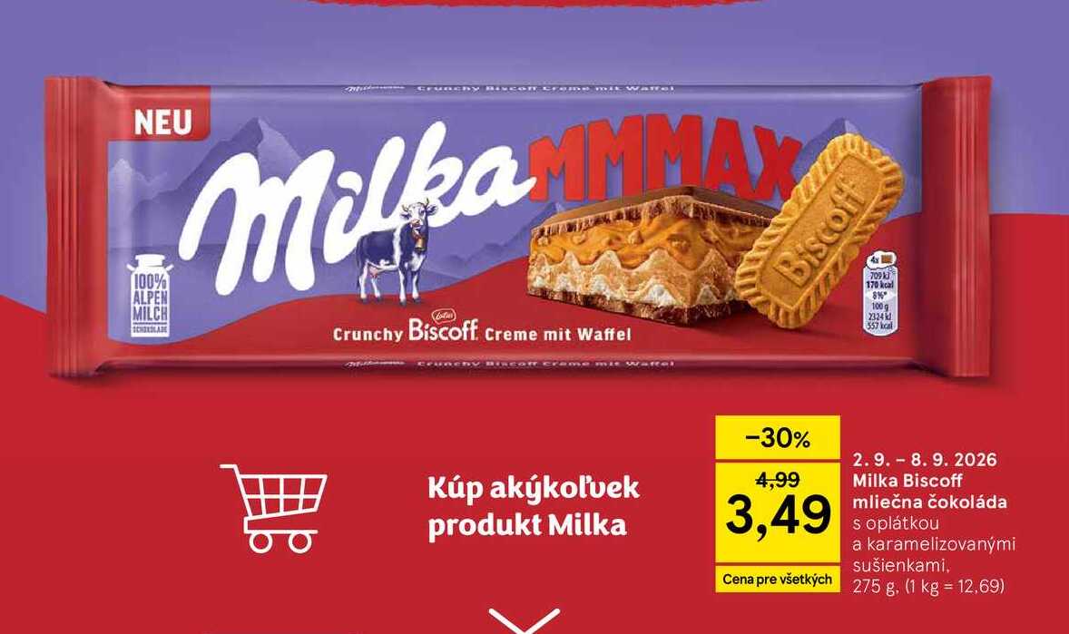 Milka Biscoff mliečna čokoláda s oplátkou a karamelizovanými sušienkami, 275 g
