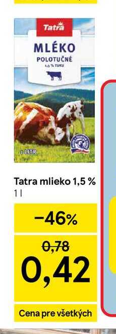 Tatra mlieko 1,5% 1l v akcii