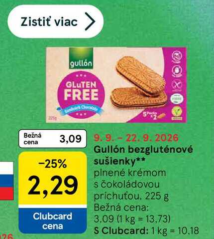 Gullón bezgluténové sušienky plnené krémom s čokoládovou príchuťou, 225 g v akcii