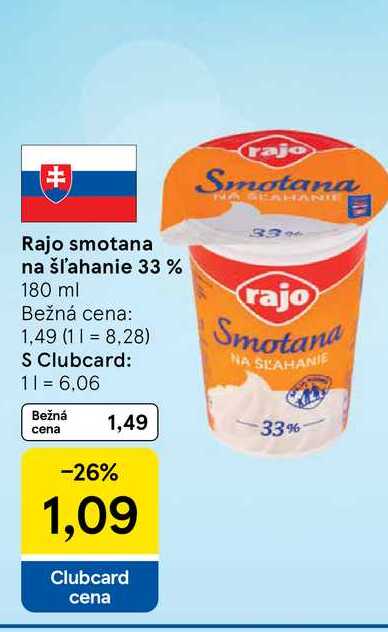 Rajo smotana na šľahanie 33 % 180 ml