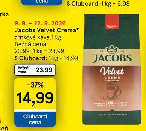 Jacobs Velvet Crema zrnková káva, 1 kg