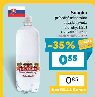 Sulinka prírodná minerálna alkalická voda 2 druhy, 1,25 l v akcii