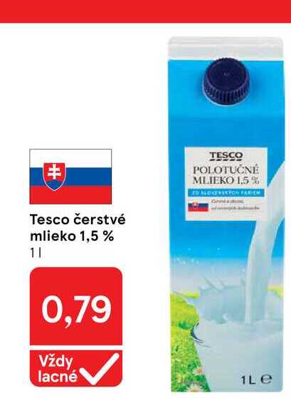Tesco čerstvé mlieko 1,5 % 1l v akcii
