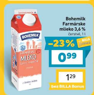 Bohemilk Farmárske mlieko 3,6% čerstvé, 1 l  v akcii