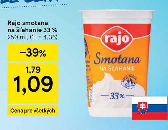 Rajo smotana na šľahanie 33% 250 ml v akcii