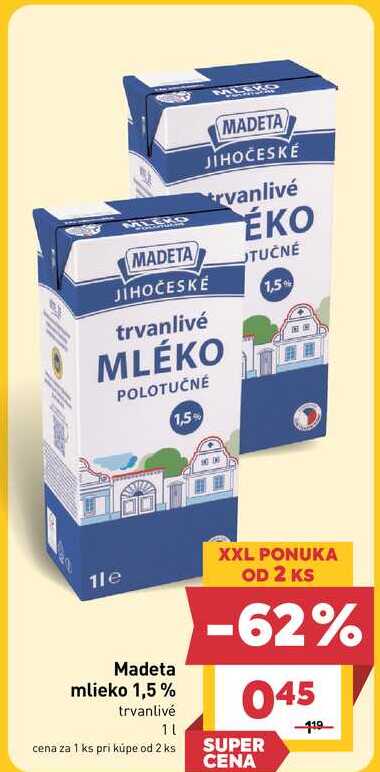 Madeta mlieko 1,5% trvanlivé 1l v akcii