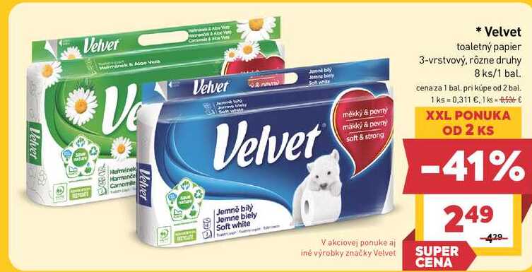 Velvet toaletný papier 3-vrstvový, rôzne druhy 8 ks/1 bal.
