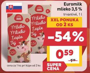 Euromilk mlieko 3,5% trvanlivé, 1L  v akcii
