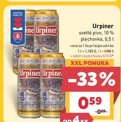 Urpiner svetlé pivo, 10 % plechovka, 0,5 l