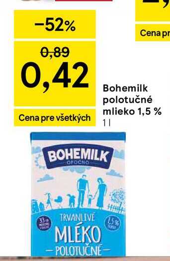 Bohemilk polotučné mlieko 1,5 % 1l
