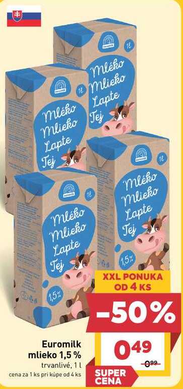 Euromilk mlieko 1,5% trvanlivé, 1l v akcii
