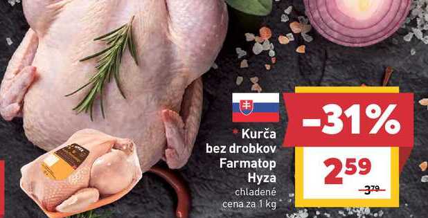 Kurča bez drobkov Farmatop Hyza chladené cena za 1 kg 