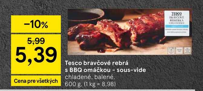 Tesco bravčové rebrá s BBQ omáčkou - sous-vide chladené, balené 600 g
