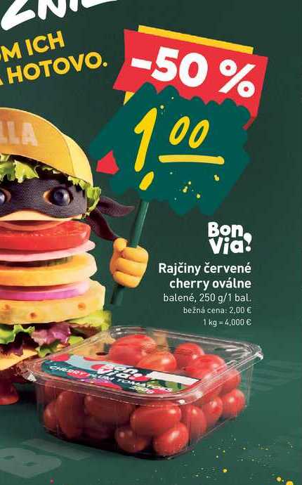 Bon Via! Rajčiny červené cherry oválne balené, 250 g/1 bal. 